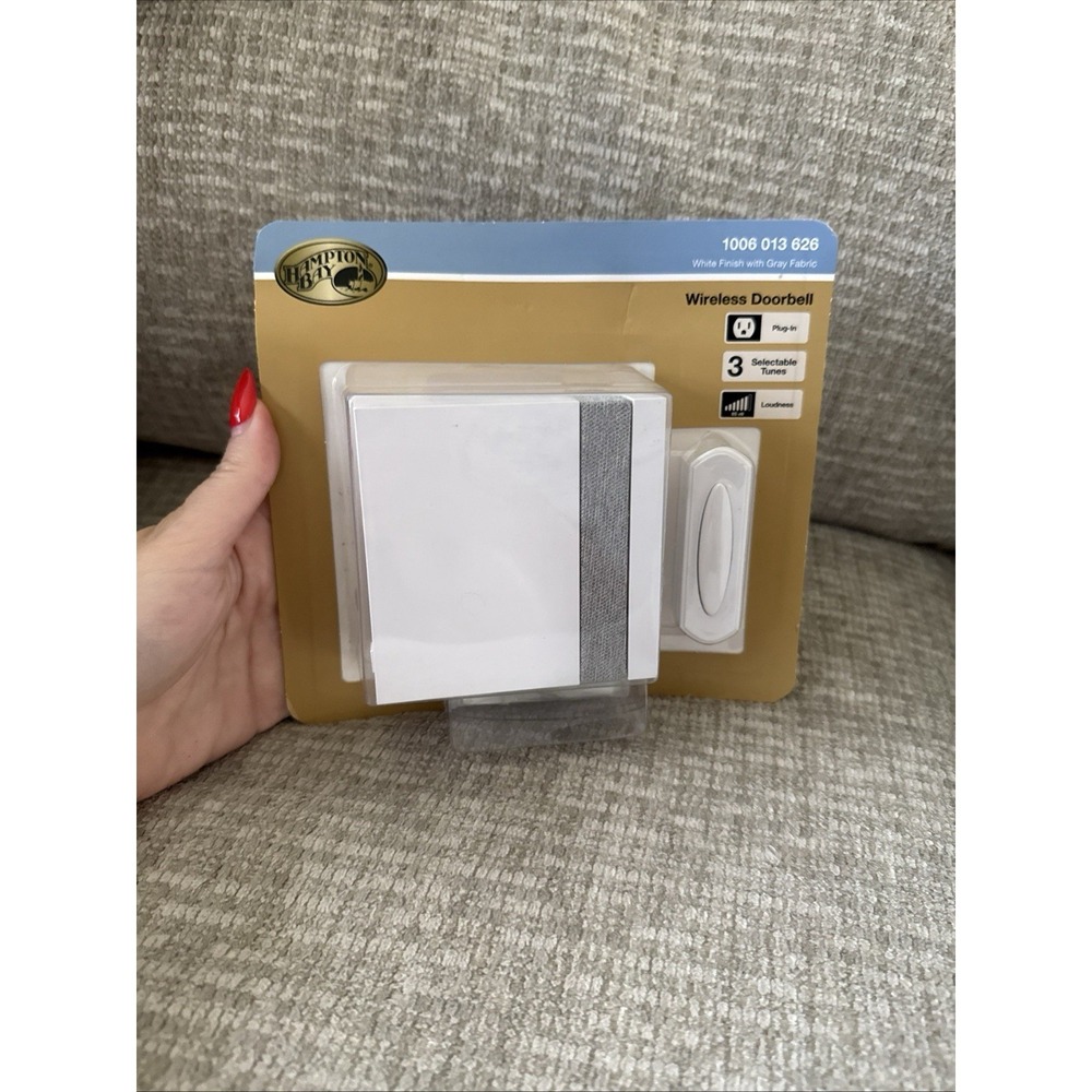 Hampton Bay Wireless Square Plug In Door Bell Kit in White with‎ Gray Fabric